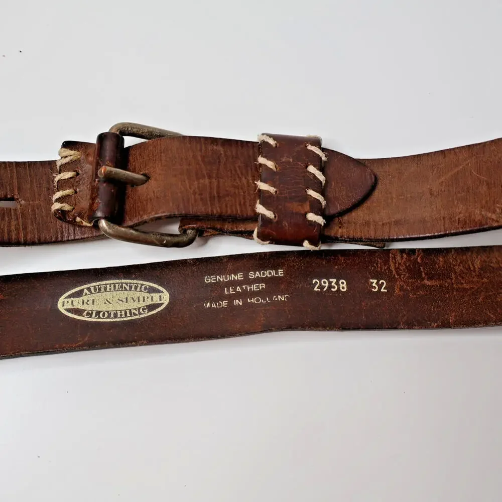 Genuine Saddle Leather Brown Belt Made in Holland Mens 32 Stitched Retro Western